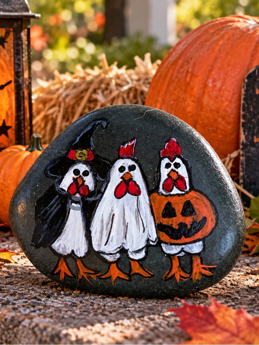 Hand crafted painted Halloween chickens rock witch white ghost orange pumpkin